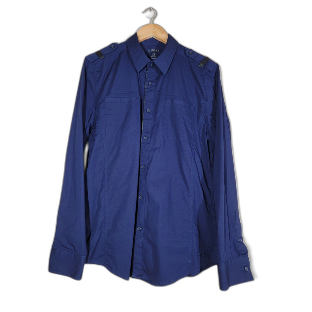 Guess Men's Navy Blue Long Sleeve Button Shirt - Large